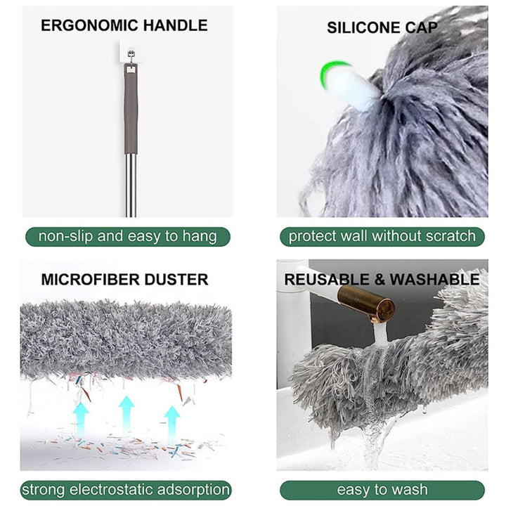 Two-in-one cleaning: a flexible microfiber duster head and an extendable pole for tough spots.