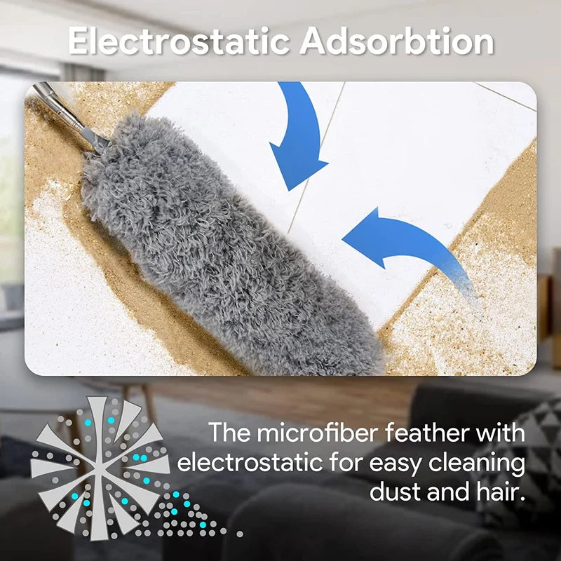Microfiber duster head on an extendable pole for versatile household cleaning. Easy to use.