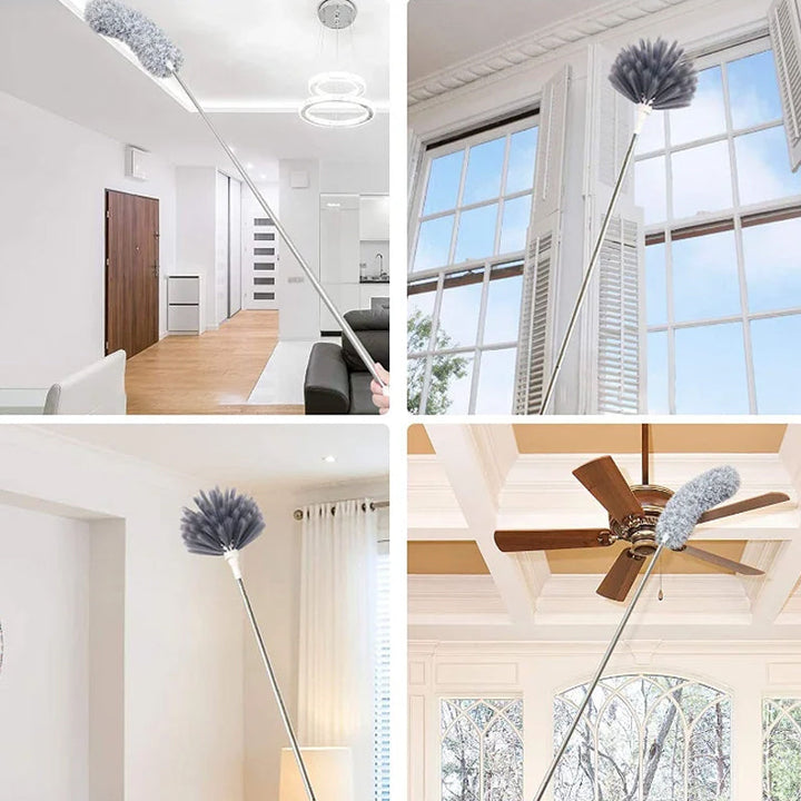 Blue microfiber duster with a long extendable handle, perfect for dusting furniture and fixtures.