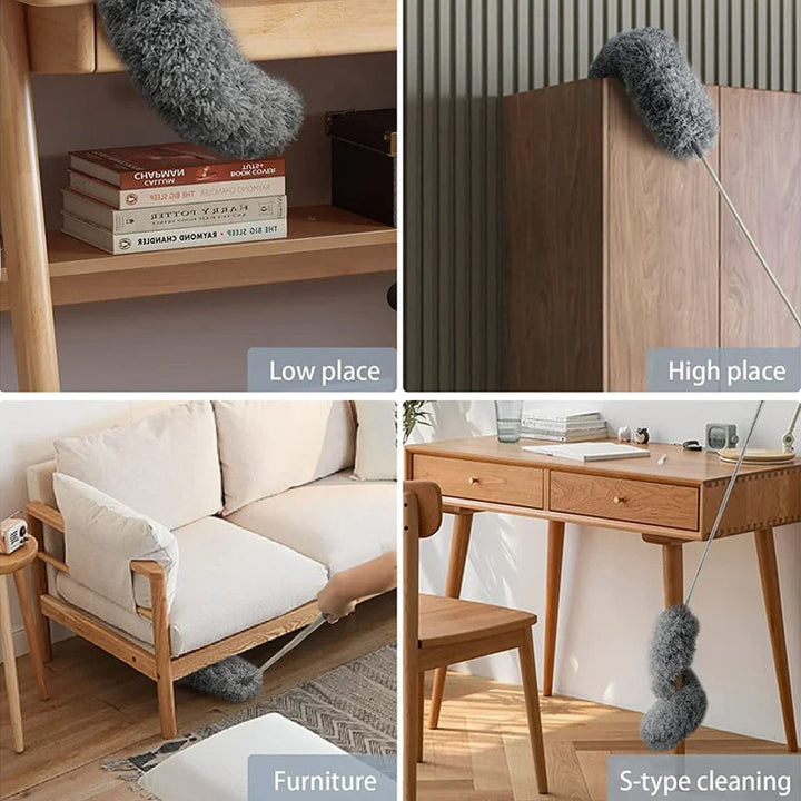 Ergonomic extendable duster for efficient home care, featuring a washable microfiber head.