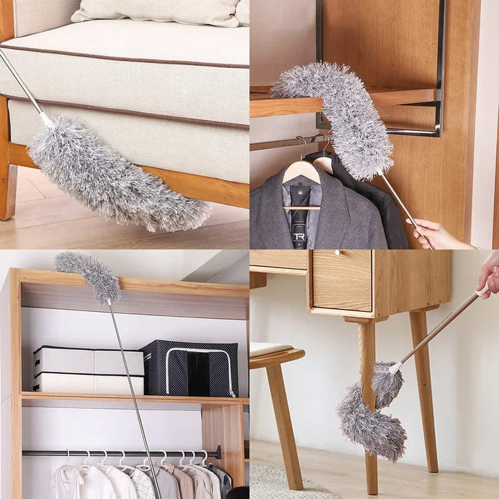 Close-up of the plush microfiber duster head, designed to trap dust effectively. Cleaning tool.