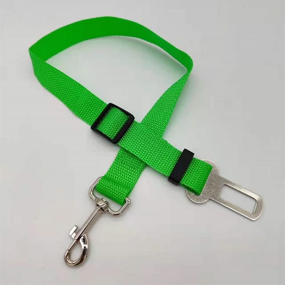 Nylon adjustable dog car harness for pet travel safety and vehicle restraint.