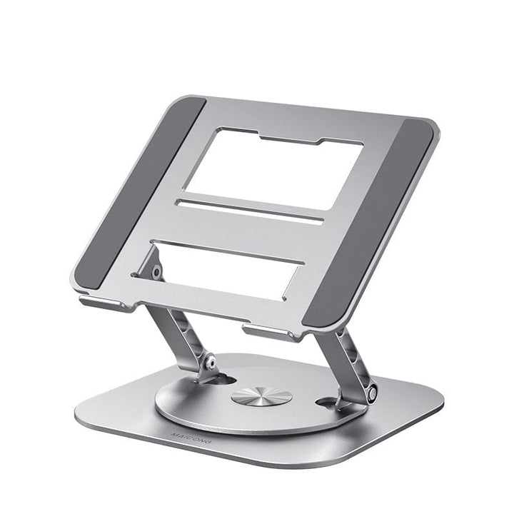 Sleek aluminum adjustable laptop stand, featuring 360-degree rotation for collaborative work.
