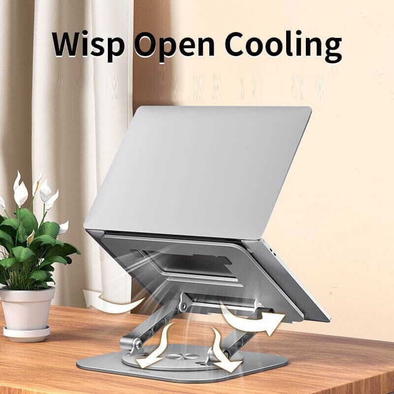 Silver adjustable laptop stand, ergonomic design for improved posture, holding a laptop at eye level.