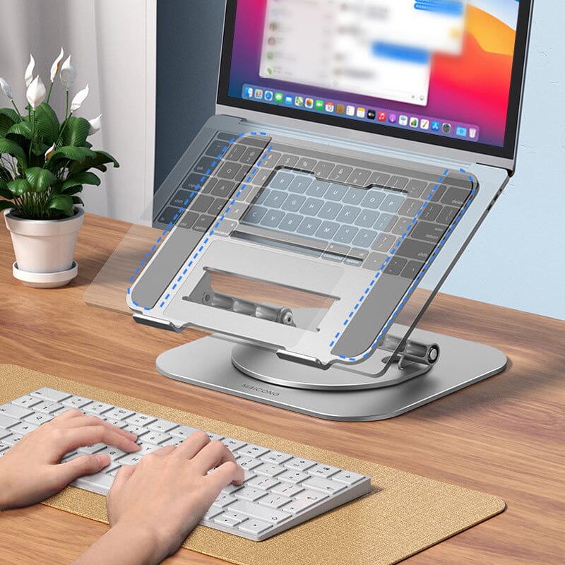 Productivity-focused laptop stand, aluminum build, offering multiple height and angle adjustments with rotation.