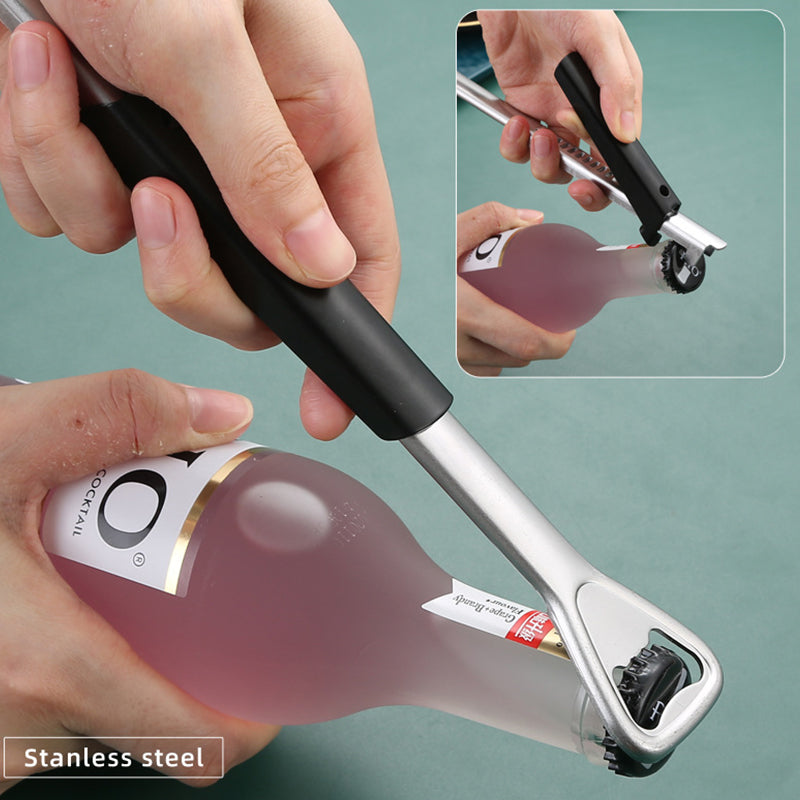 Top-down view of an adjustable stainless steel jar opener, showcasing its versatile grip mechanism.
