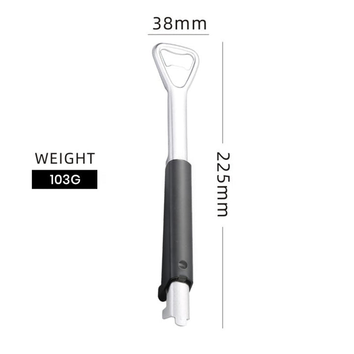 Robust stainless steel kitchen opener, suitable for various bottle and jar sizes, easy to use.