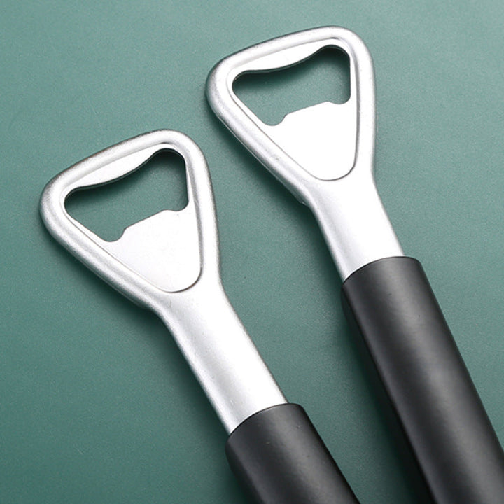 Versatile kitchen jar and bottle opener, stainless steel construction for durability and easy grip.