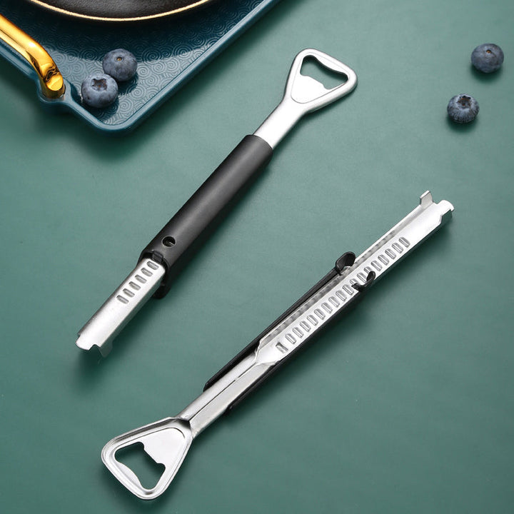 Adjustable stainless steel bottle opener, a helpful kitchen aid for people with arthritis.