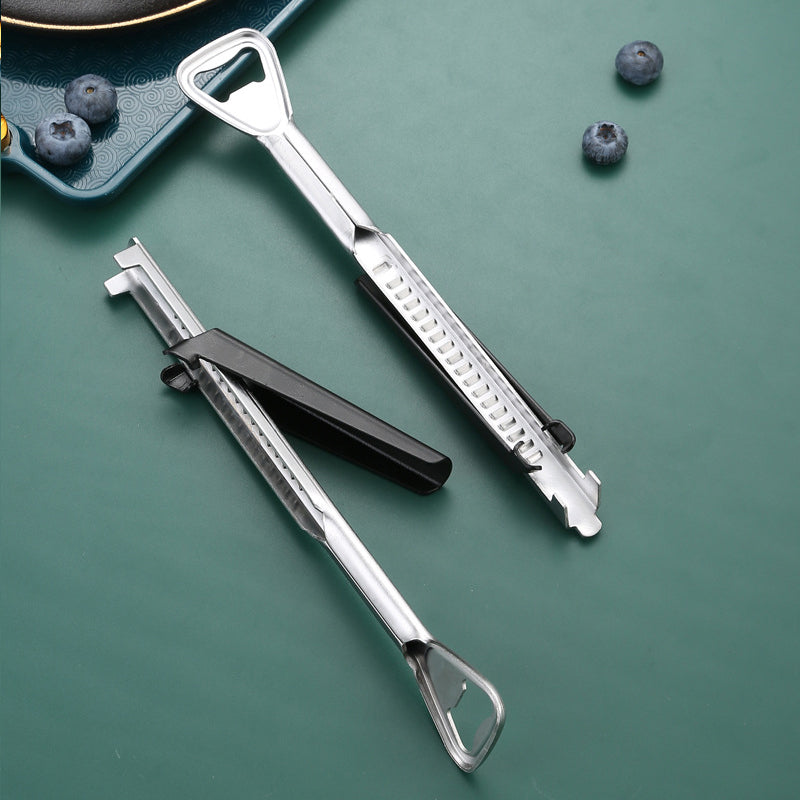 Close-up of an adjustable stainless steel jar opener, highlighting its easy-grip design, kitchen gadget.