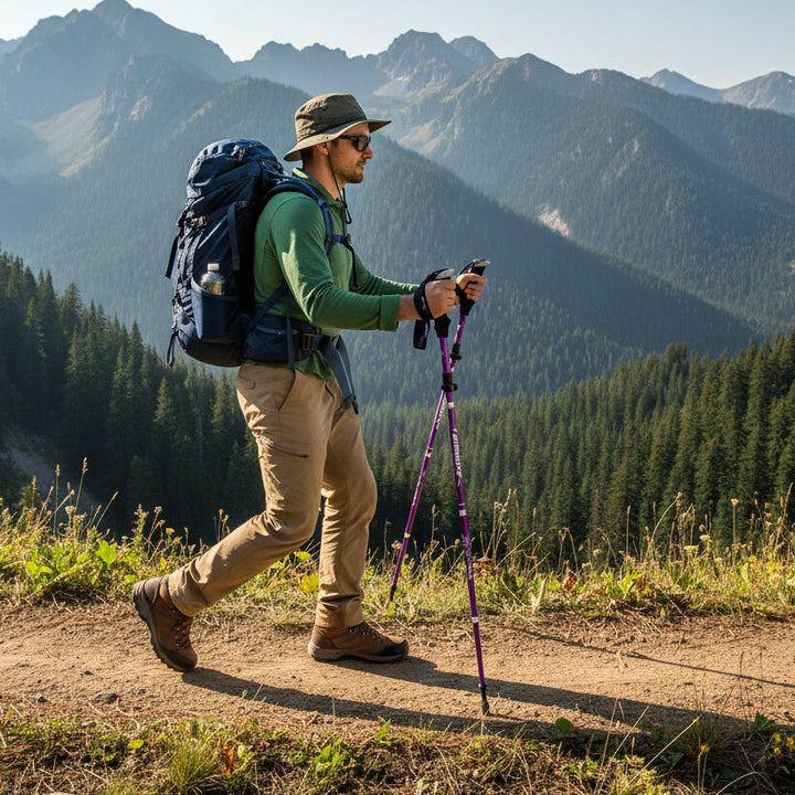 Extendable lightweight trekking poles, designed for comfortable, stable hiking experiences.