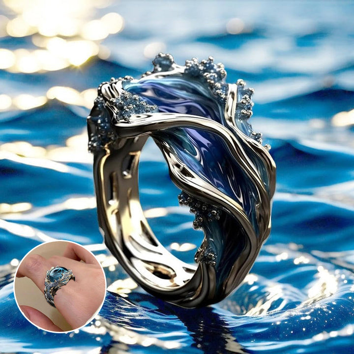 Adjustable unisex ocean wave ring, silver-toned with blue resin detail, sea-inspired jewelry