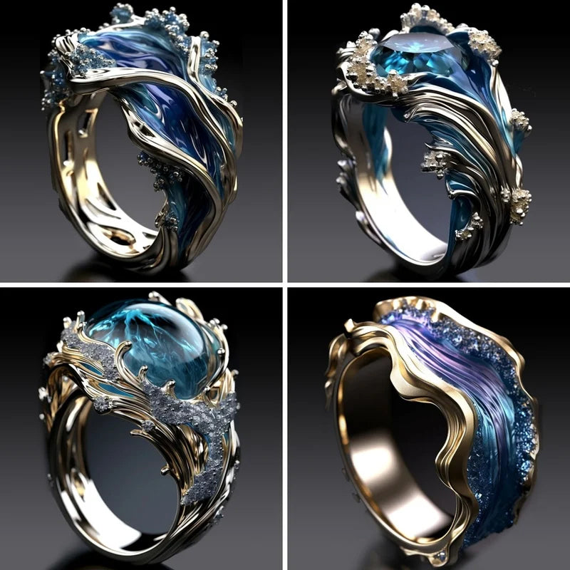 Unisex ocean wave ring on a finger, displaying adjustable band and detailed wave motif