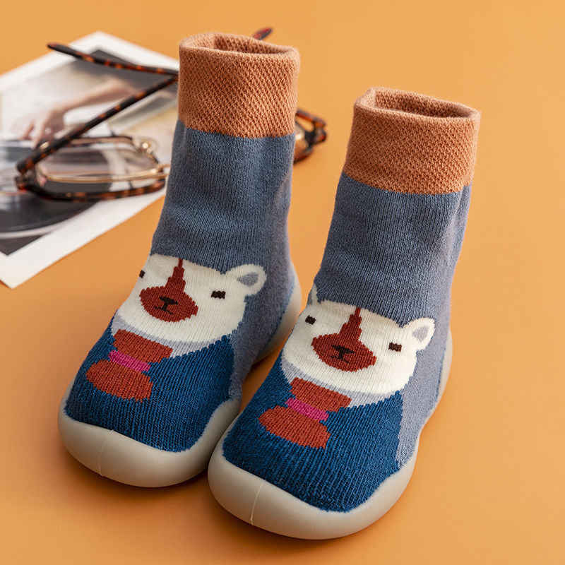 Non-slip toddler sock shoes with a cute cartoon rabbit, perfect for cool weather