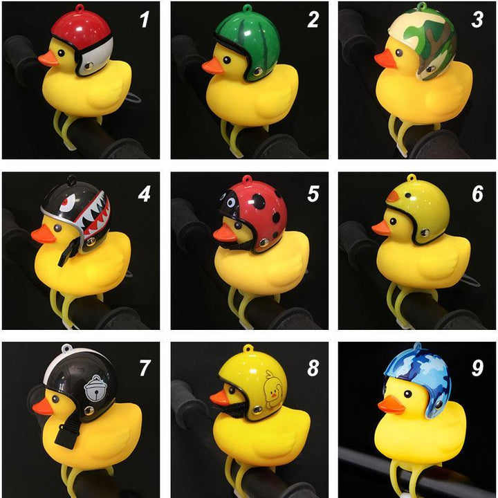 Adorable duck bike bell with helmet & LED light for kids' bikes, promoting cycle safety & outdoor fun