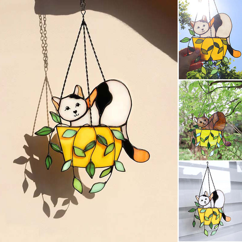 Detailed stained glass cat art in a pot, perfect for cat lovers & home decoration