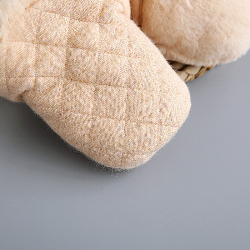 Close-up of a blue elephant plush cotton toddler shoe, perfect for first walker babies