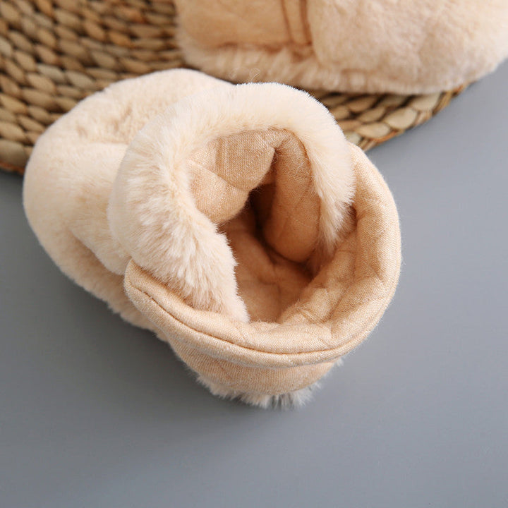 Overview of several unisex baby cartoon plush cotton toddler shoes in various animal styles