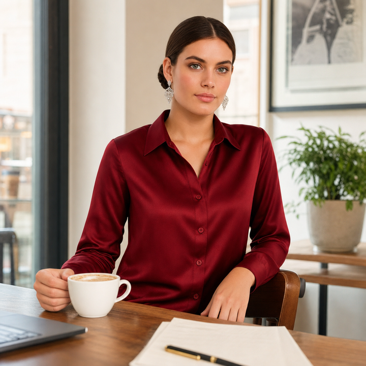 Chic Adriana ladies' button-up top, perfect for professional workwear.