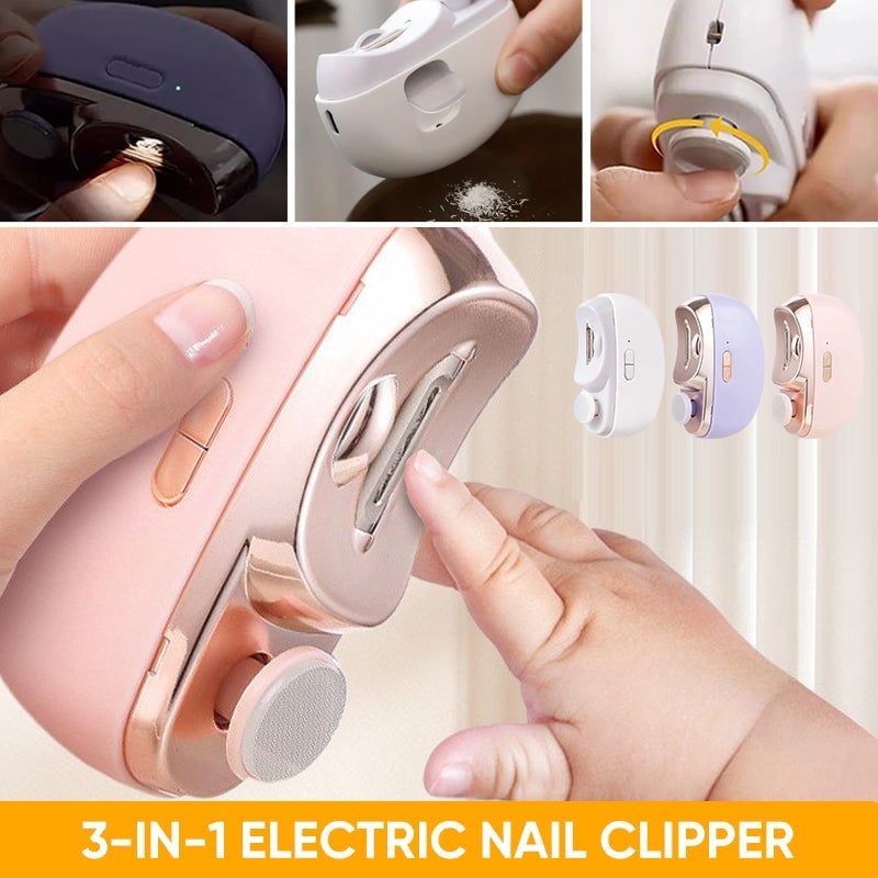 Bright LED light on electric nail clippers, illuminating the nail for precise cuts on infants