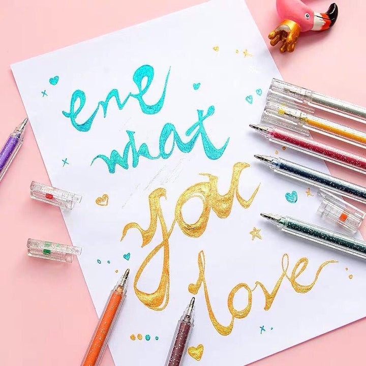Close-up of Adult Coloring Book Glitter Gel Pens, showing shiny glitter ink tips and ergonomic design