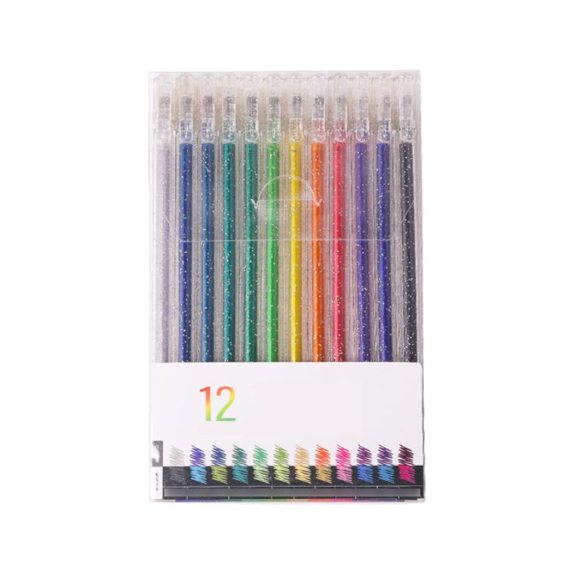 Detail shot of a glitter gel pen cap and barrel, emphasizing the quality for adult coloring