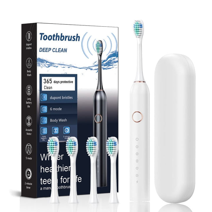 Adult's Sonic Electric Toothbrush with different brush heads shown, versatile oral hygiene