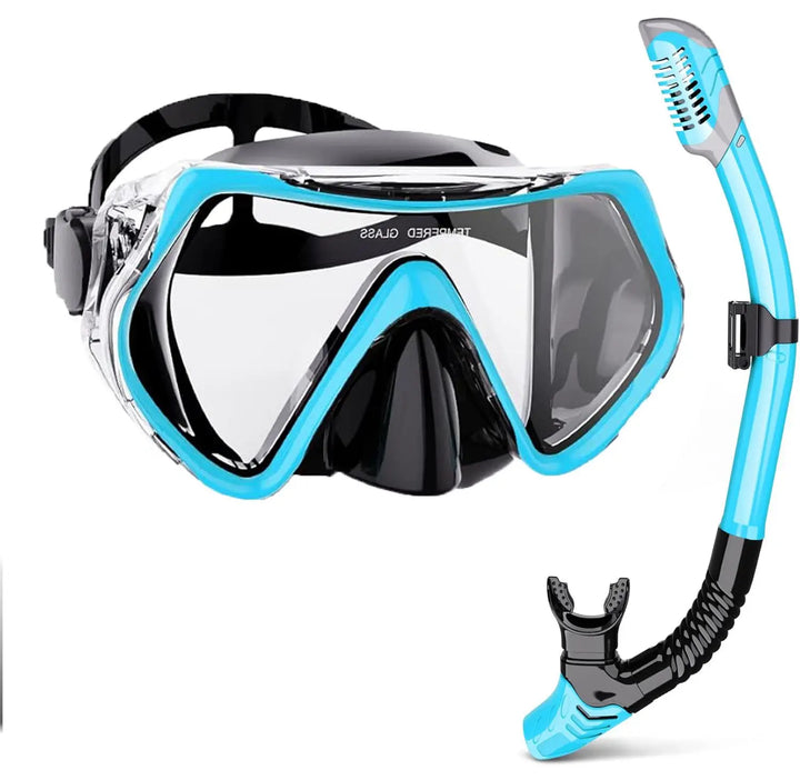 Adult snorkel set with a 180° panoramic anti-fog diving mask and a dry snorkel for clear underwater viewing.