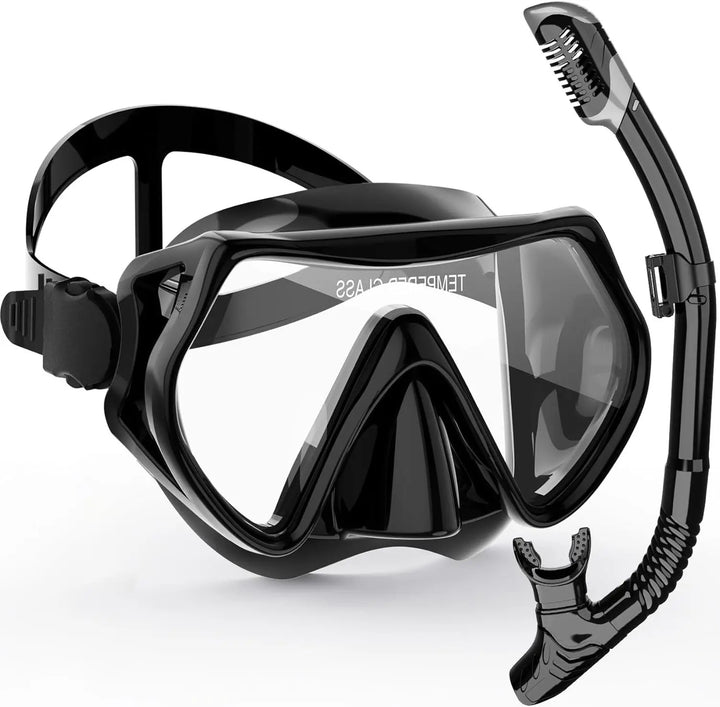 Summer adventure ready: Adult snorkel mask & dry snorkel for water sports, offering wide-view and anti-fog clarity.