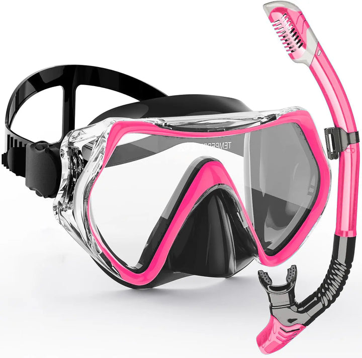Panoramic anti-fog snorkel mask & dry snorkel set, providing crystal-clear 180° underwater vision for adults.