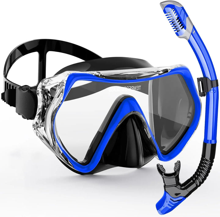 Essential adult underwater gear: Anti-fog panoramic snorkel mask and dry snorkel set for swimming and diving.