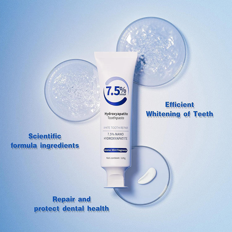 Advanced Hydroxyapatite Whitening Toothpaste squeezing onto a toothbrush, for effective enamel repair