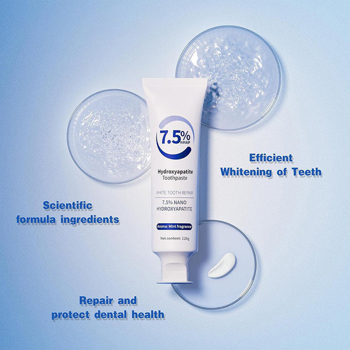 Advanced Hydroxyapatite Whitening Toothpaste squeezing onto a toothbrush, for effective enamel repair