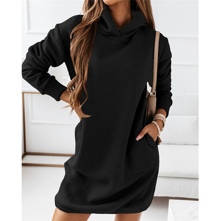 Amalia women's casual hoodie dress. Comfortable, knee-length, long sleeve, perfect for everyday wear & ultimate comfort.