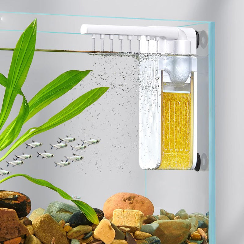 Water purifier for aquariums, submersible filter with oxygenator, maintains crystal clear water