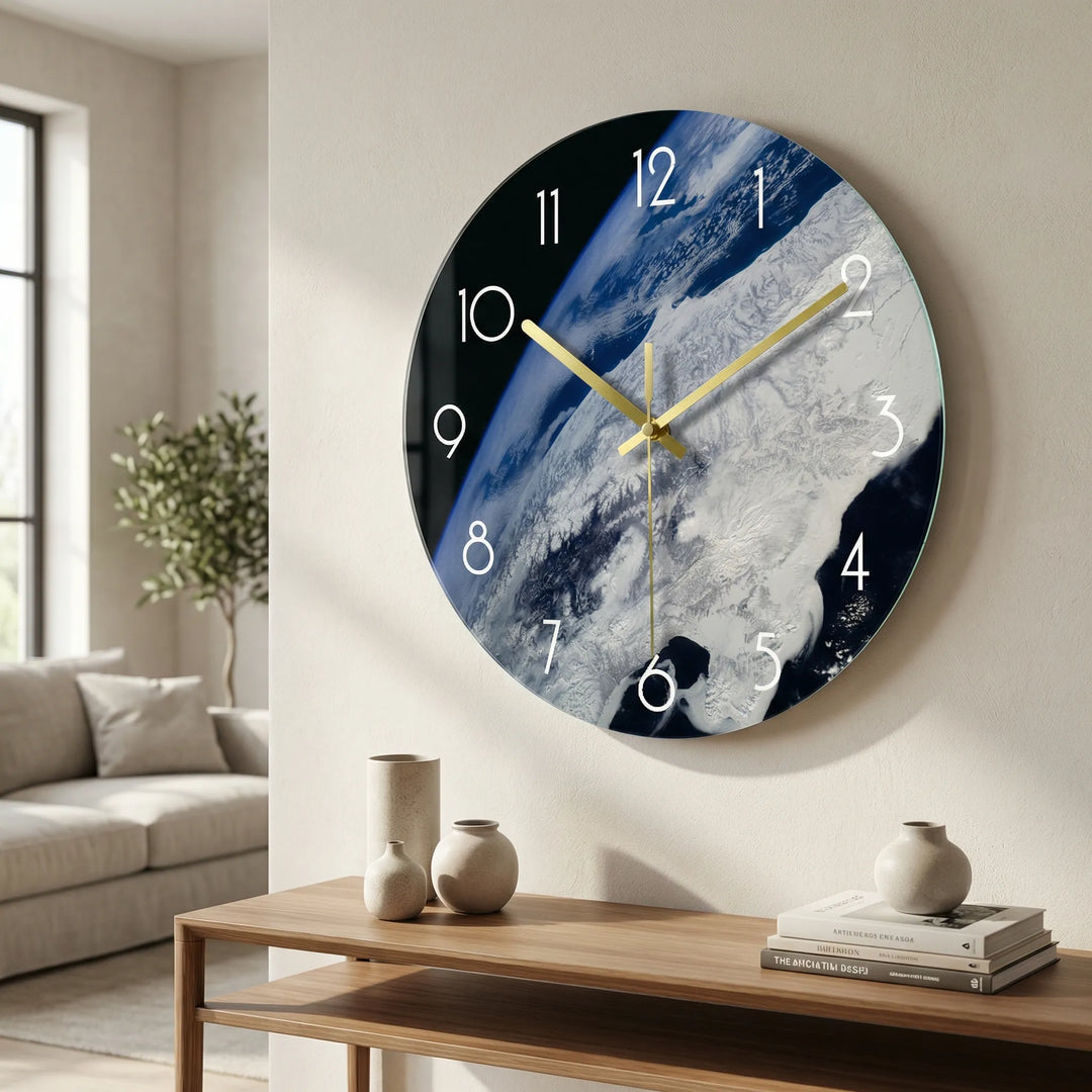 Artistic space print wall clock. Modern round clock with silent mechanism, perfect for home & office decor.
