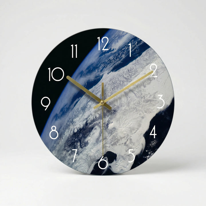 Modern artistic space print wall clock. Unique round clock with Earth design, ideal for living room decor.