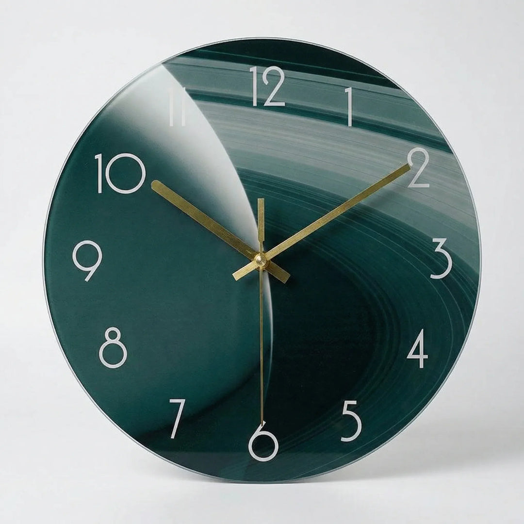 Unique artistic wall clock with an intricate space print. A silent, round clock for modern home accents.