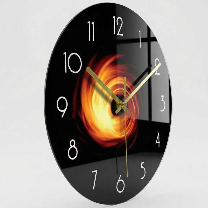 Contemporary round wall clock with an artistic space print. Silent and perfect for modern home decor.