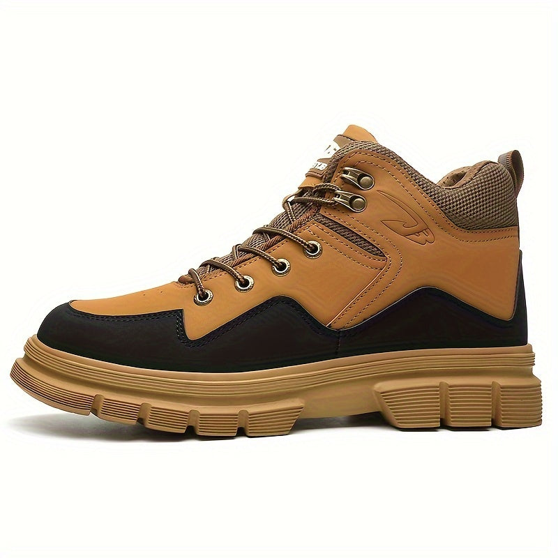 Auron men's mid-cut safety work boots with reinforced toe & hardened sole for industrial & construction use. Yellow/black.