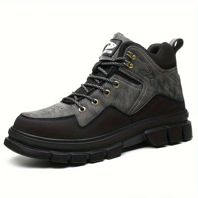 Durable men's mid-cut work boots, Auron model, with reinforced toe cap & sole. Ideal for protective industrial wear. Black/yellow.