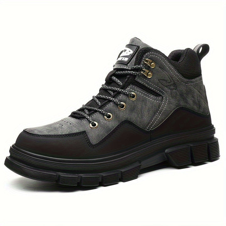 Durable men's mid-cut work boots, Auron model, with reinforced toe cap & sole. Ideal for protective industrial wear. Black/yellow.
