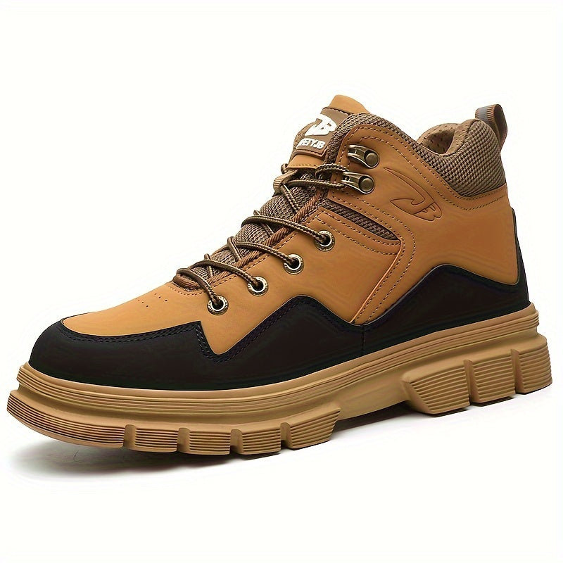 Sturdy men's mid-cut safety shoes by Auron for construction & outdoor jobs. Features reinforced toe, hardened sole. Yellow accents.