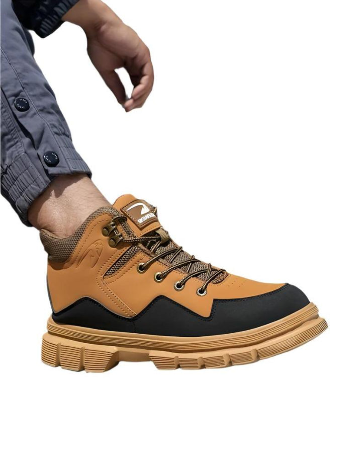 Men's Auron mid-cut safety work boots in black and yellow, featuring reinforced toe cap & hardened anti-puncture sole.