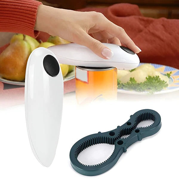 Automatic electric can & bottle opener for hands-free kitchen convenience.