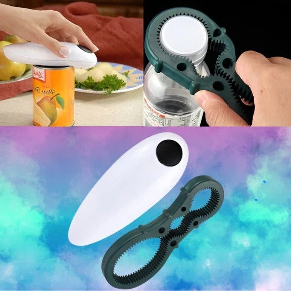 Universal electric can, bottle, and jar opener; a versatile kitchen tool.