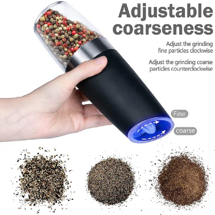 Automatic electric gravity salt pepper grinder, sleek design, stainless steel finish, kitchen essential