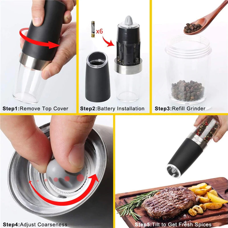 Automatic gravity grinder for salt and pepper, elegant design, perfect for gourmet kitchen experience