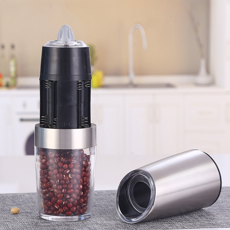 Automatic pepper mill with brushed metal housing, no-button gravity activated, essential kitchen grinder