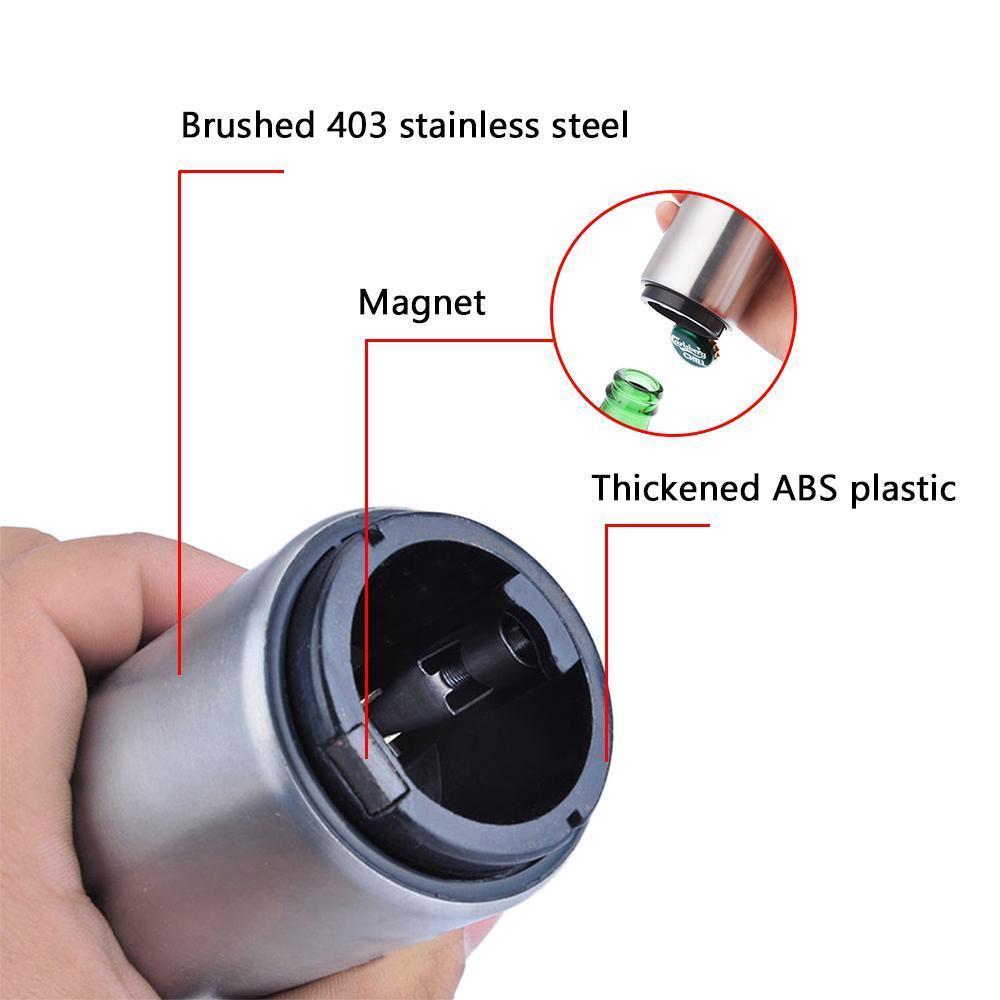 Stainless steel automatic bottle opener, magnetic feature for easy cap removal